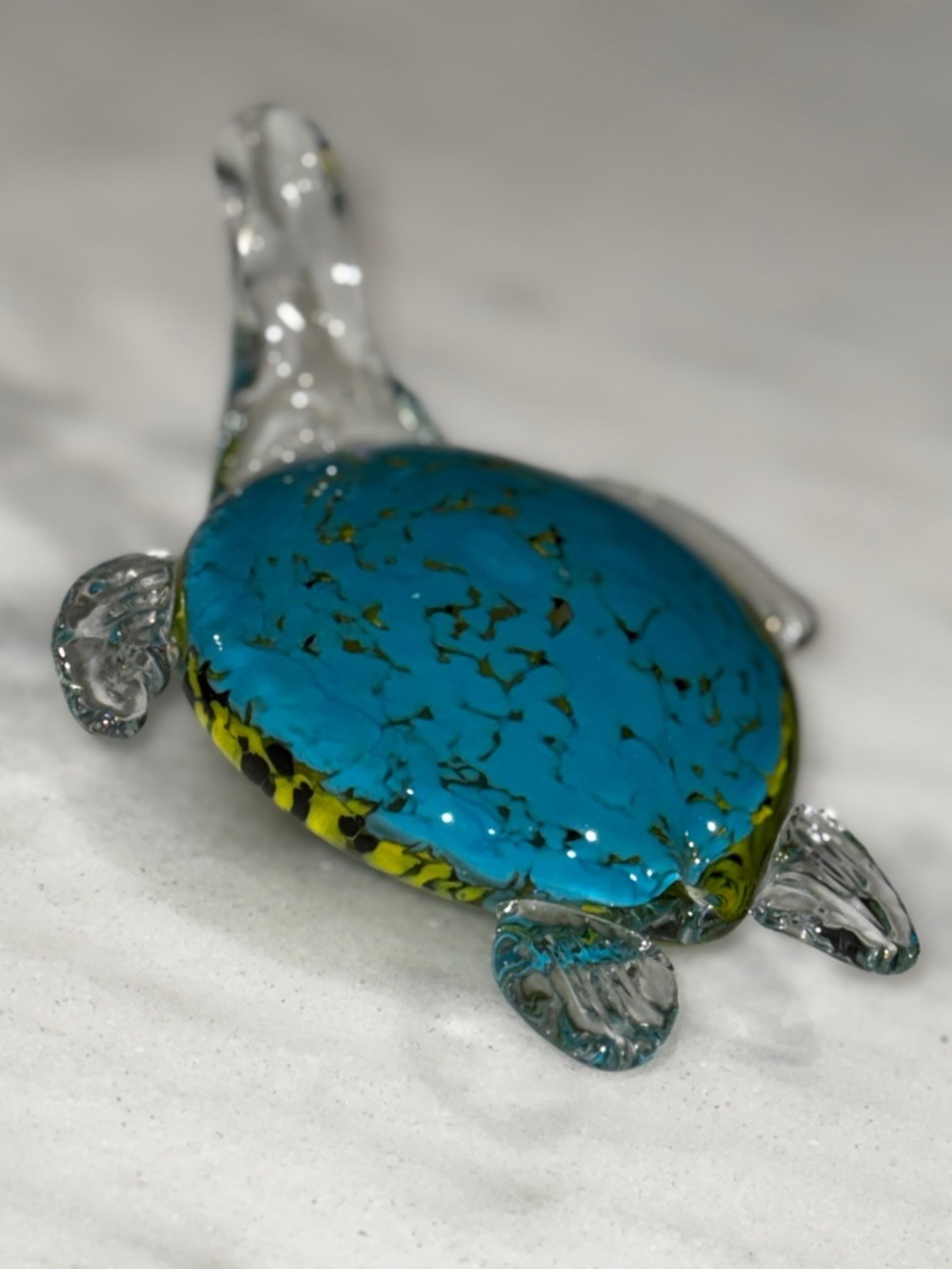Handmade Glass Turtle Paperweight - Blue & Yellow